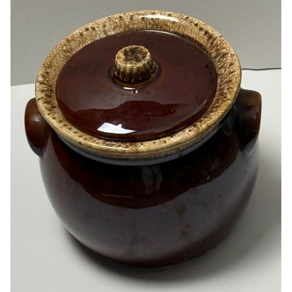 Hull Pottery Vintage Drip Brown Bean Pot Lid Oven Proof Crock USA Made Glaze Jar - Picture 4 of 16